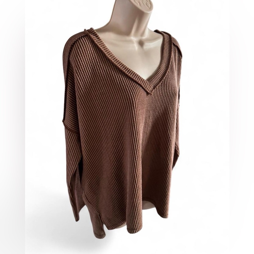Zenana Ribbed Oversized V Neck Sweater Brown L/XL Slouchy Knit Pullover